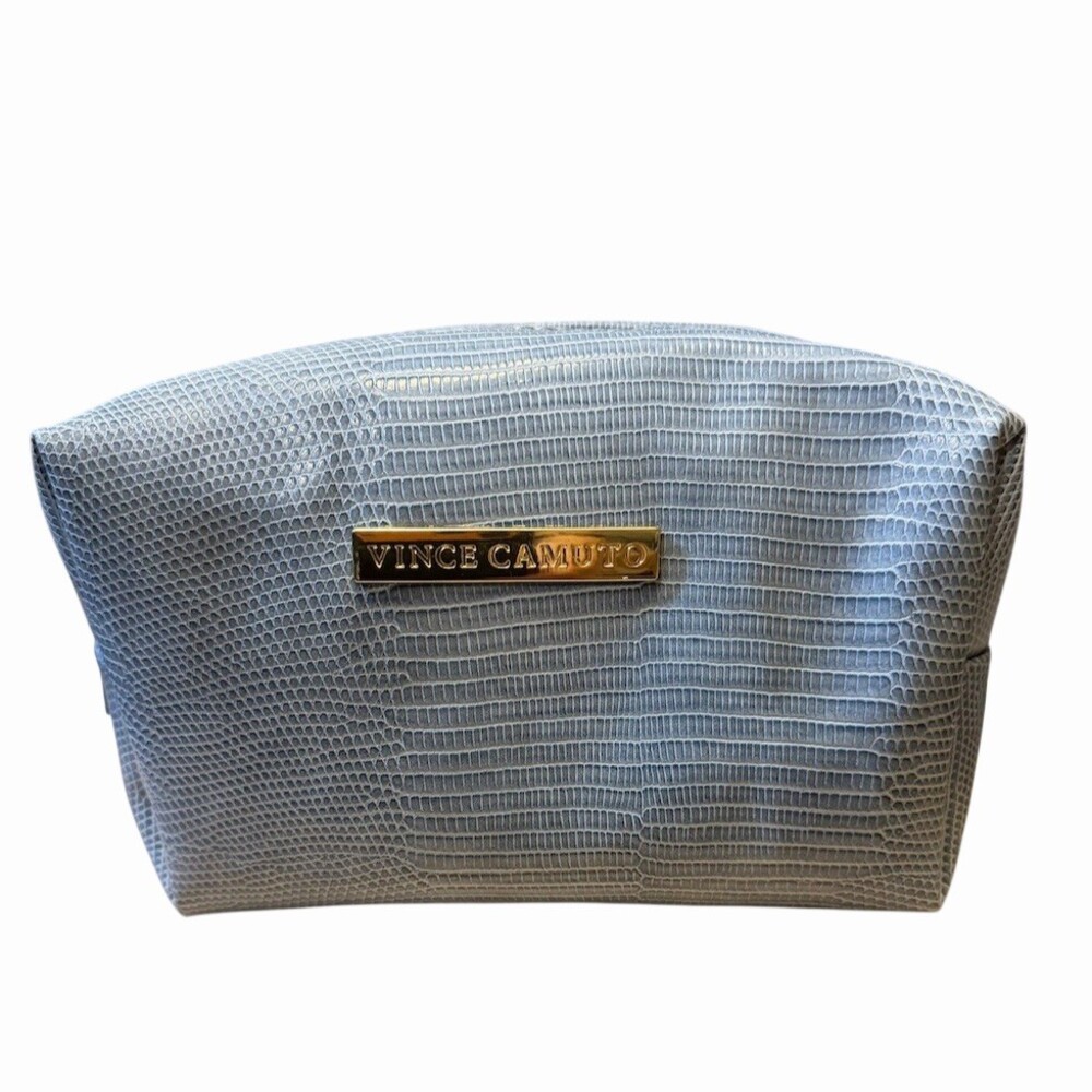 Vince Camuto Blue Makeup Bag Gold Zip Logo Plaque Interior Pocket